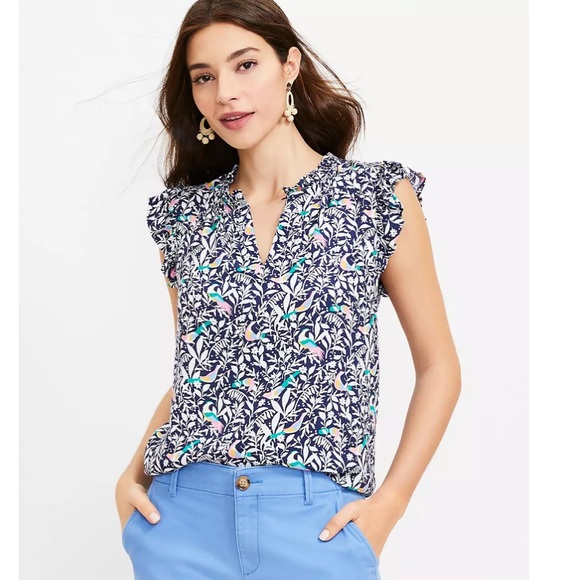 Ann Taylor LOFT Boho Floral Ruffle Split Neck Shell Blouse - Picture 2 of 8